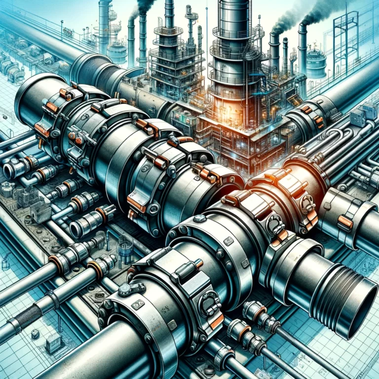 DALL·E 2024-02-08 15.26.55 - An illustrative image showing the critical role of steel GBS clamp couplings in industrial safety. The image depicts a section of industrial piping, w