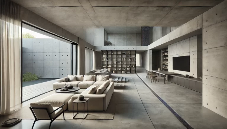 DALL·E 2024-08-27 21.50.36 - A wide view of a living room in a house featuring microcement flooring and walls. The space is modern and minimalist, with a smooth, seamless microcem